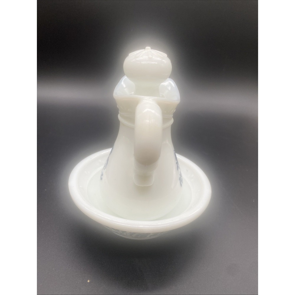 AVON  Vintage Milk Glass CRUET & Matching BOWL Blue White SKIN-SO-SOFT EMPTY - Picture 6 of 11